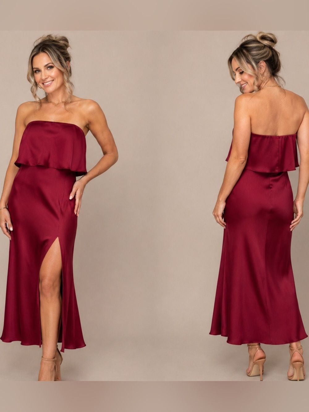 Petal & pup burgundy strapless satin midi dress $99